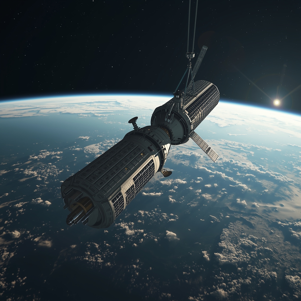A photorealistic wide shot of a futuristic satellite deployment in deep space orbit with Earth visible in the background, high tech machinery, lens flare, 8k, no woman